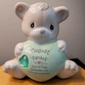VTG Precious Moments Birthstone Bear Bank, August Peridot, Enesco, Like New